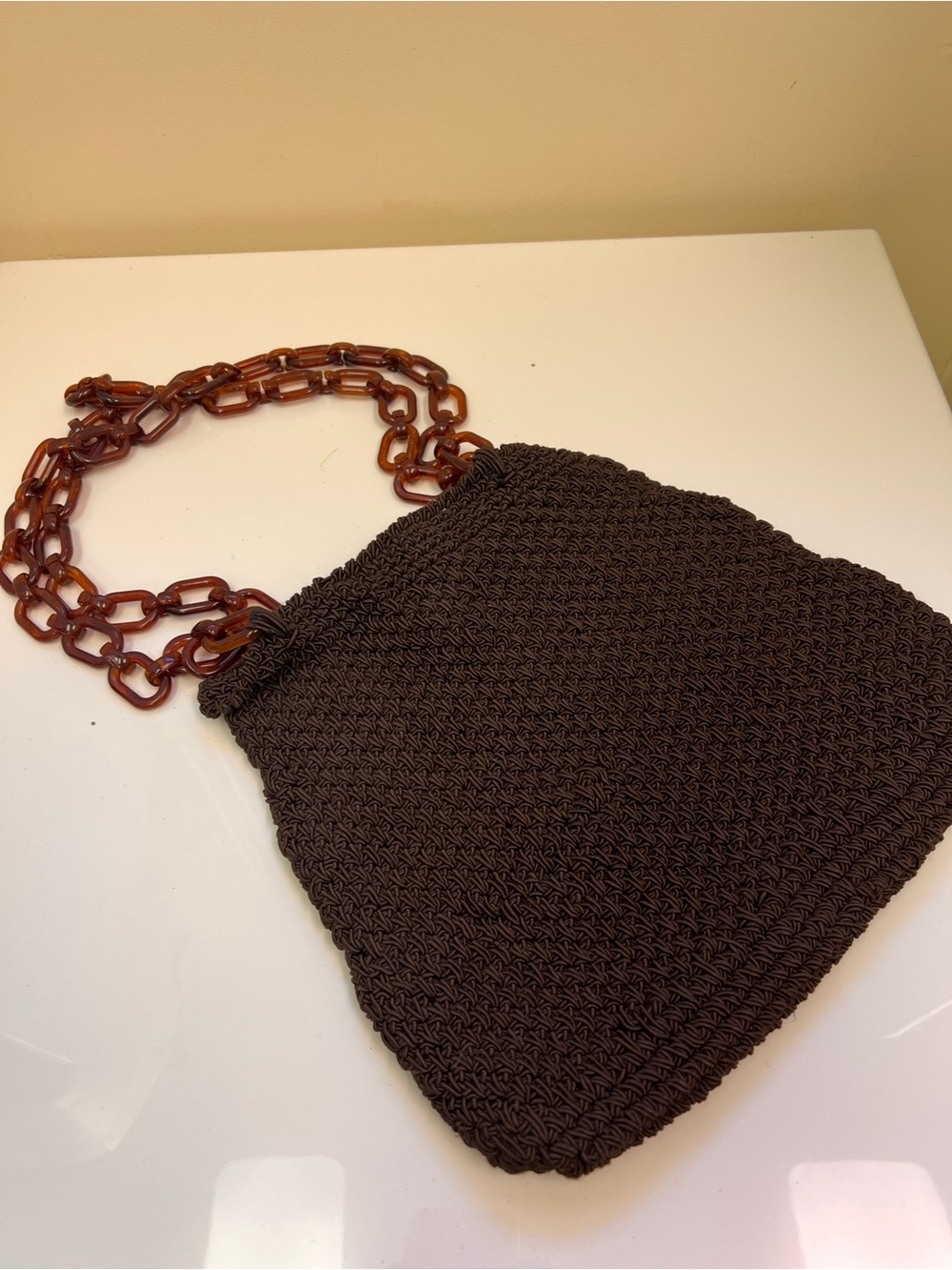 Brown Crochet Tote Bag with Tortoiseshell Chain Handle